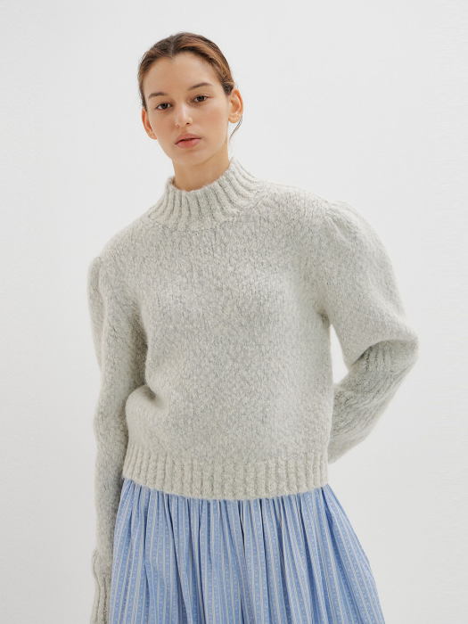 TEY Puff Sleeve Turtleneck Knit Pullover - Light Grey