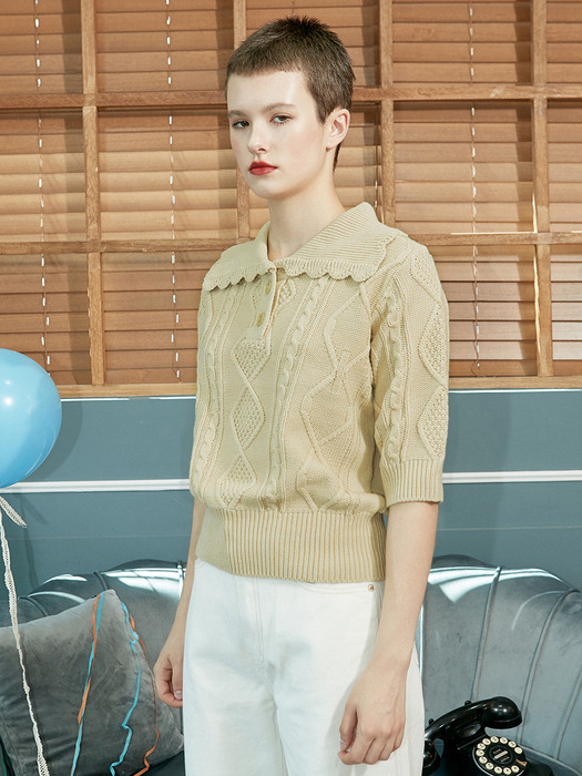 V. cable collar knit top (beige)