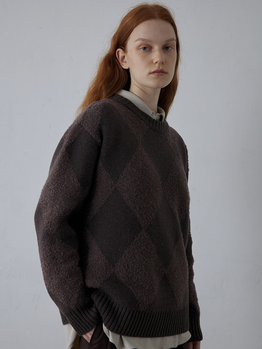 [Woman] Argyle Textured Pullover (Wood Brown)