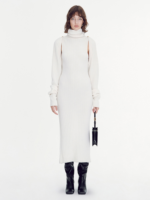ROLL-NECK RIBBED WOOL-BLEND LONG DRESS (IVORY)