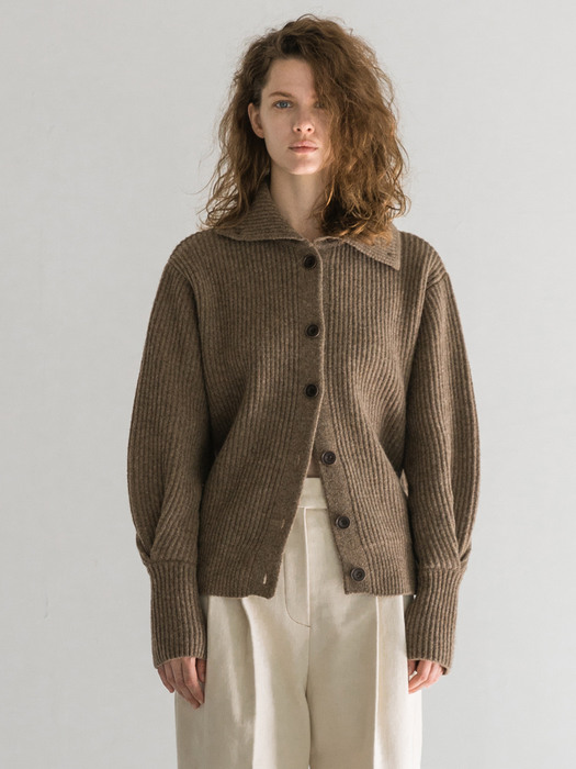 Merino Wool Highneck Cardigan_Brown