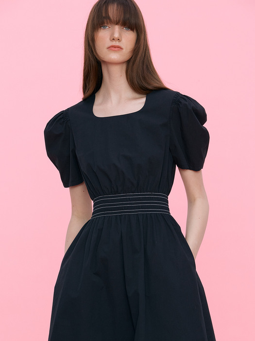 Ivy Smoked Waist Banding Dress_BLACK