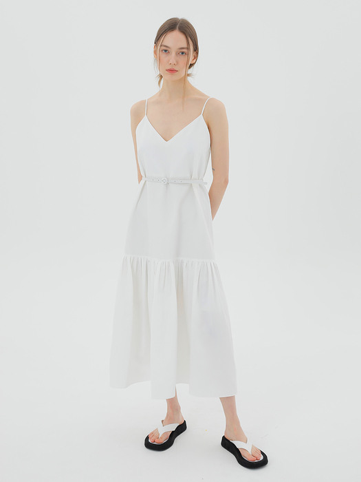 Belted Linen-Blend Midi Dress Ivory
