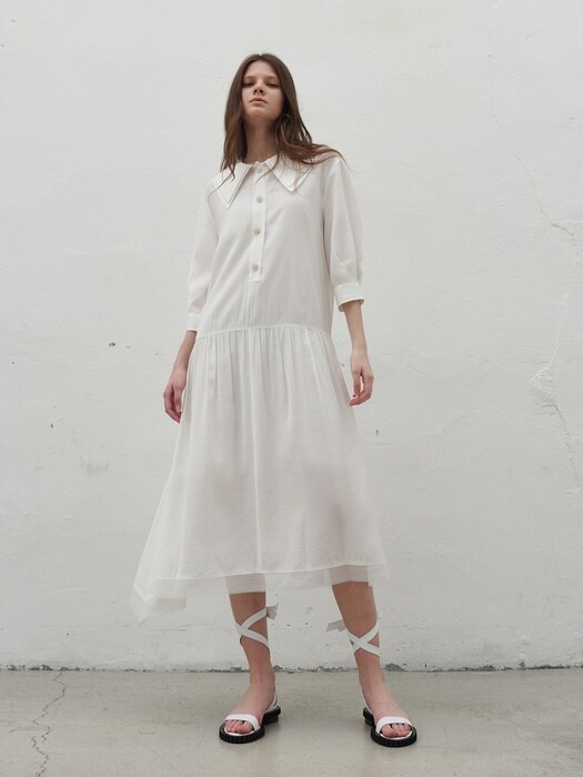 DOUBLE CAPE COLLOR FLARE DRESS_WHITE