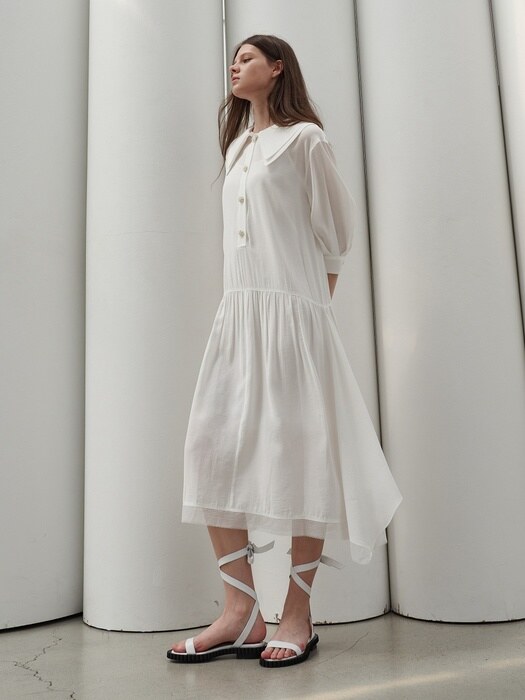 DOUBLE CAPE COLLOR FLARE DRESS_WHITE