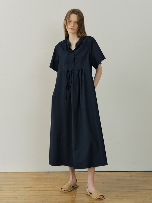 cotton shirring dress (dark navy)