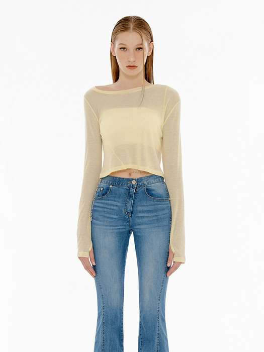 UNBALANCE NECK LOOSE CROP T-SHIRT - LIGHT YELLOW