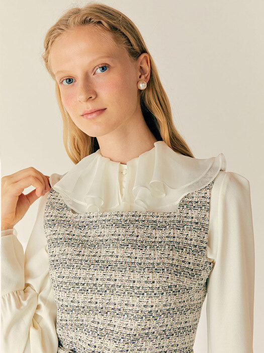 ZURI Square neck sleeveless tweed dress (Beige&Navy)