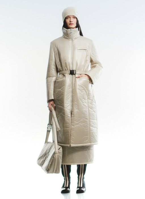 BELT PADDED COAT, SILVER BEIGE