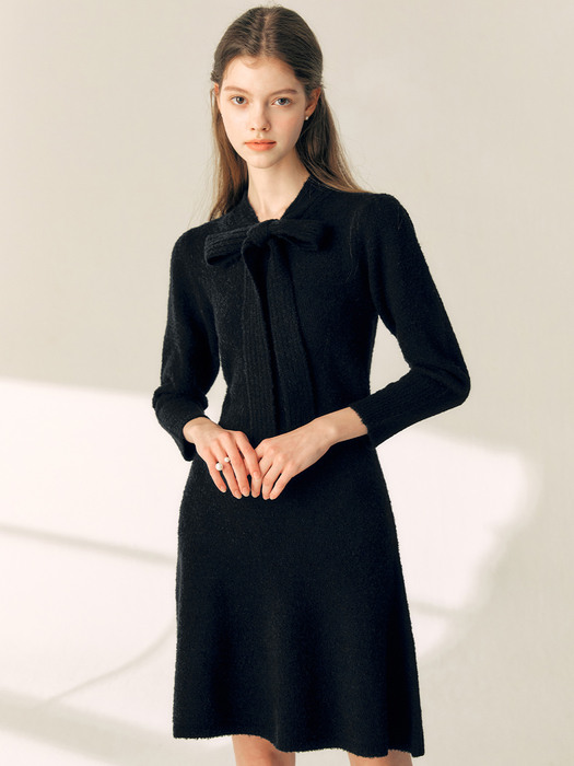 LAVINA Ribbon layered wool knit dress (Black)