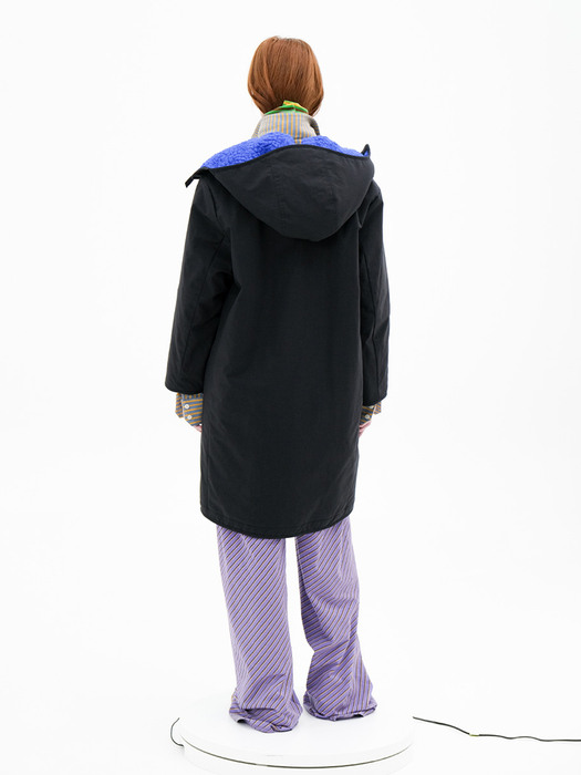Army teddy coat with detachable hood in black/blue
