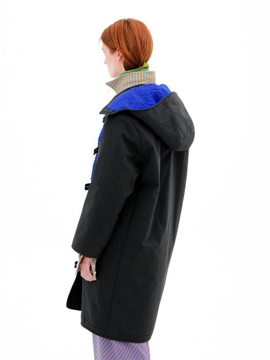 Army teddy coat with detachable hood in black/blue