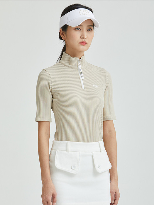 [리퍼브]골프 집업 7부소매 기능성 안기모 스판 리브 베이지 티셔츠