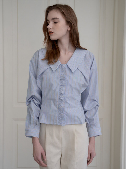 Frill stripe blouse(Blue)