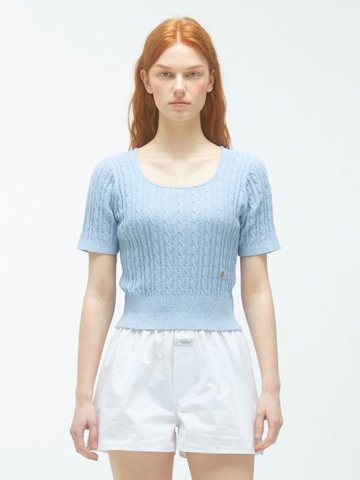 W CABLE HALF SLEEVE KNIT light blue