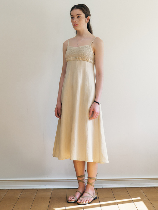 Berna_Linen Smocking Sleeveless Dress - Beige