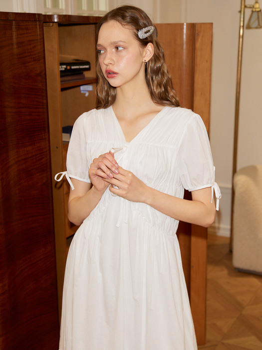 Ribbon Point Shirring Dress_ White