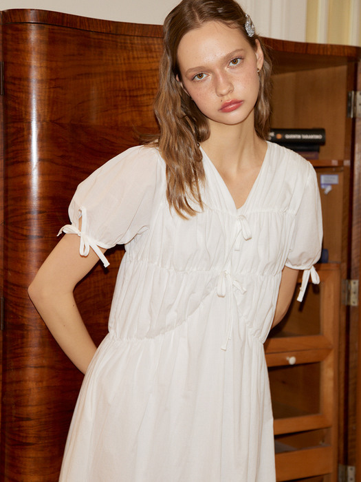 Ribbon Point Shirring Dress_ White