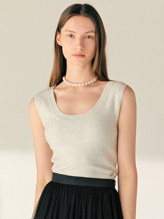 MEGAN U-neck sleeveless spangle knit top (Ivory/Black)