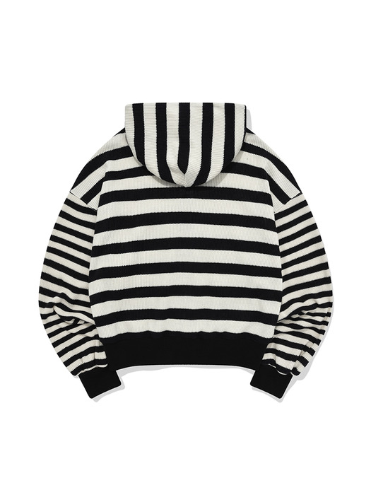 Striped knit hooded zip up / Ivory black