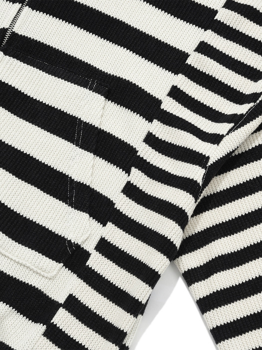 Striped knit hooded zip up / Ivory black