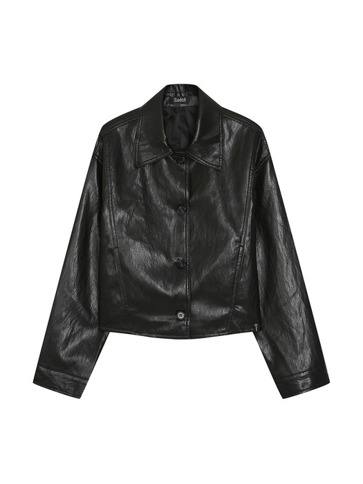 collar button cropped leather jacket- U1F16LJK010