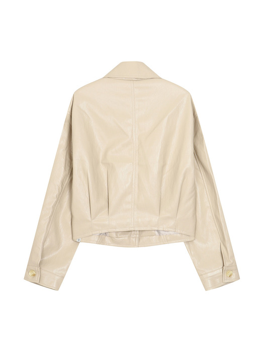 collar button cropped leather jacket- U1F16LJK010