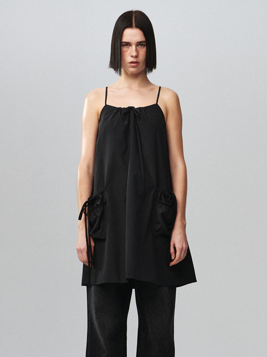 Shirring Pocket Mini Dress Black
