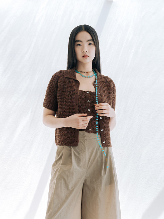 LINEN BLENDED CROCHET CARDIGAN_BROWN