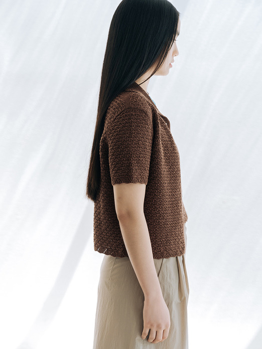 LINEN BLENDED CROCHET CARDIGAN_BROWN