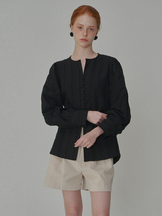 Puff Sleeve Tie Cotton Blouse_Black