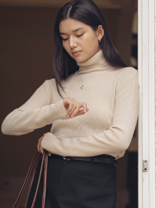 Ribbed wool turtleneck basic knit_Light Beige