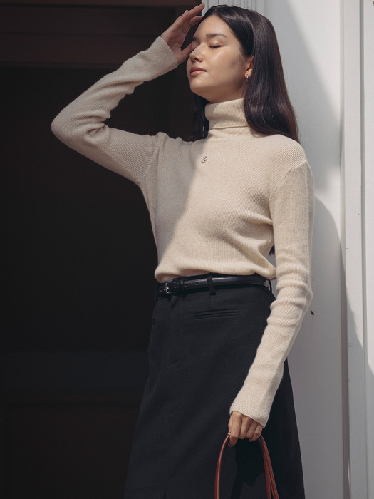 Ribbed wool turtleneck basic knit_Light Beige