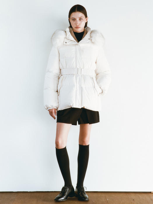 FOX FUR BELTED GOOSE DOWN JACKET [IVORY][BLACK]