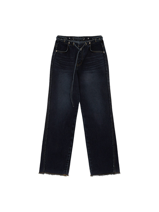 WAIST STRING BELTED DENIM PANTS IN NAVY