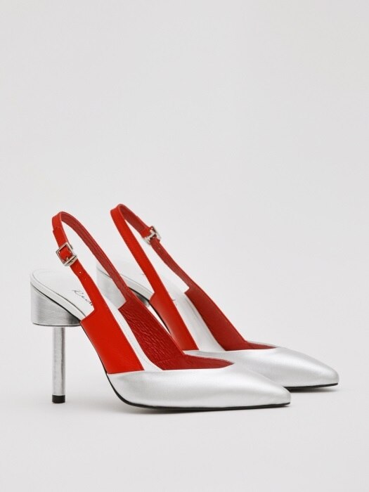 PICCASO 100 SLING BACK HEEL IN SILVER AND ORANGE RED LEATHER