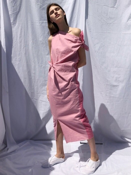 18 SS ribbon linen long dress (pink)