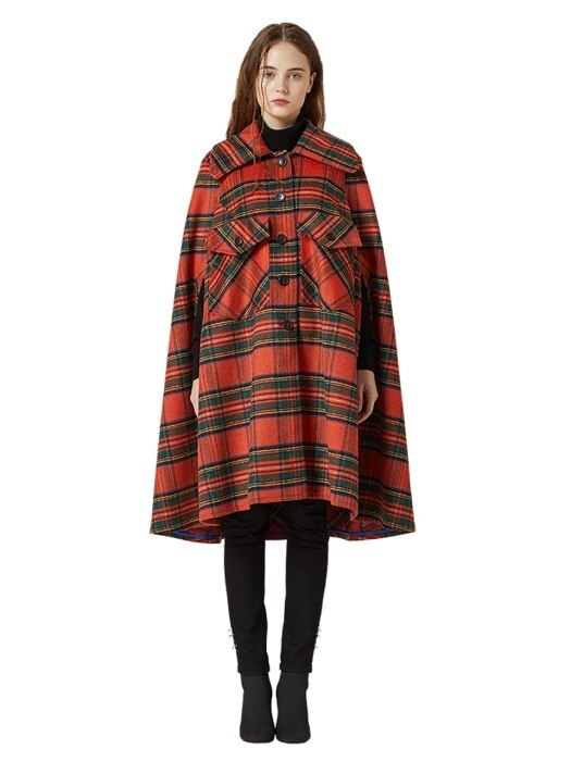 CHECKED PONCHO COAT WFWCT-039-OR