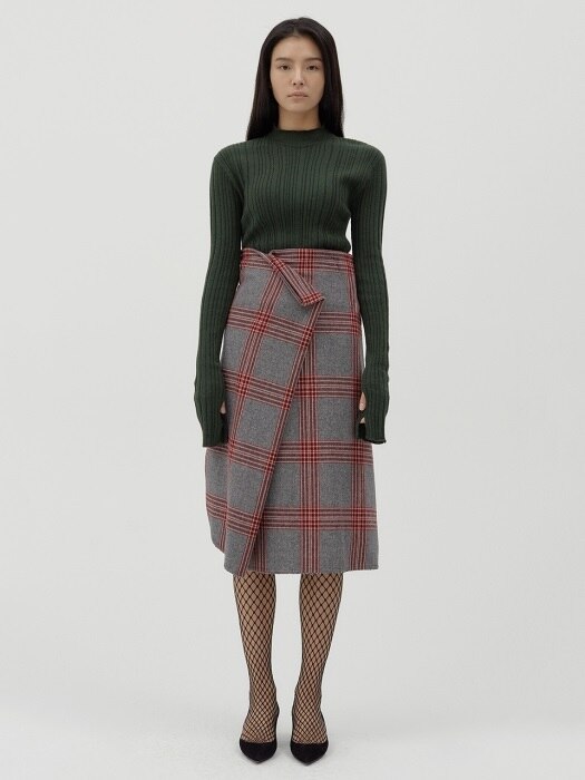 Asymmetric draped wool checked skirt [beet grey]