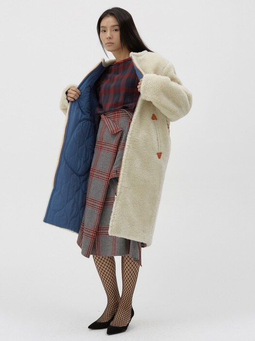 Asymmetric draped wool checked skirt [beet grey]