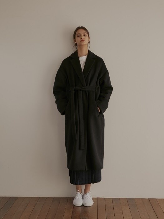 18Winter Wool Robe Coat With Belt -Navy