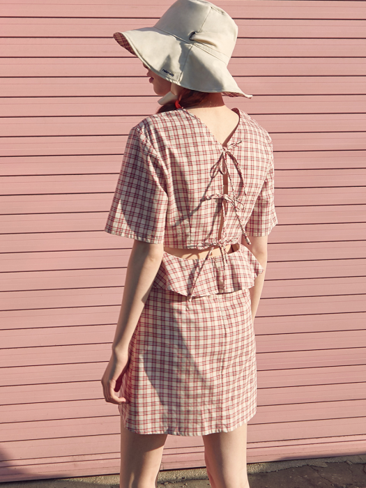 (OP-19314) BACK SLIT RIBBON CHECK ONE-PIECE RED