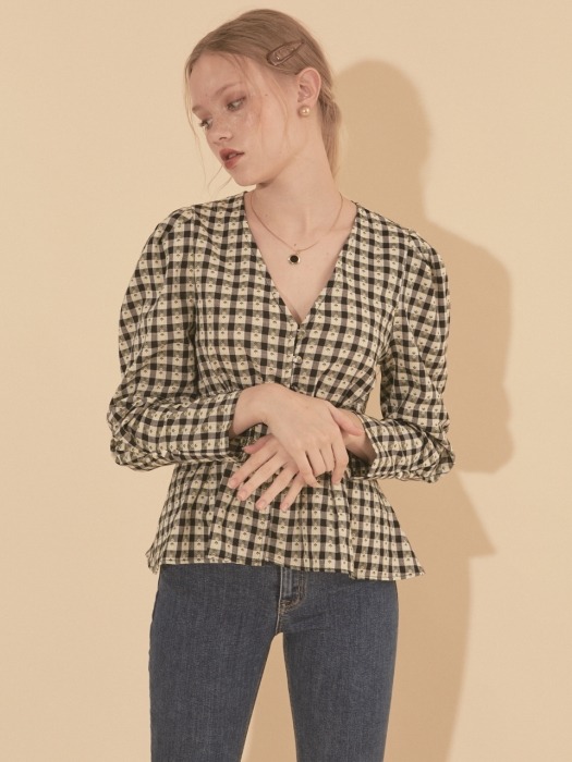 Puff Shoulder Blouse_ Gingham Check