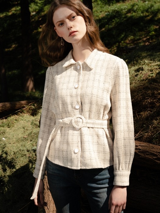 monts 1011 tweed check blouse with belt (ivory check)