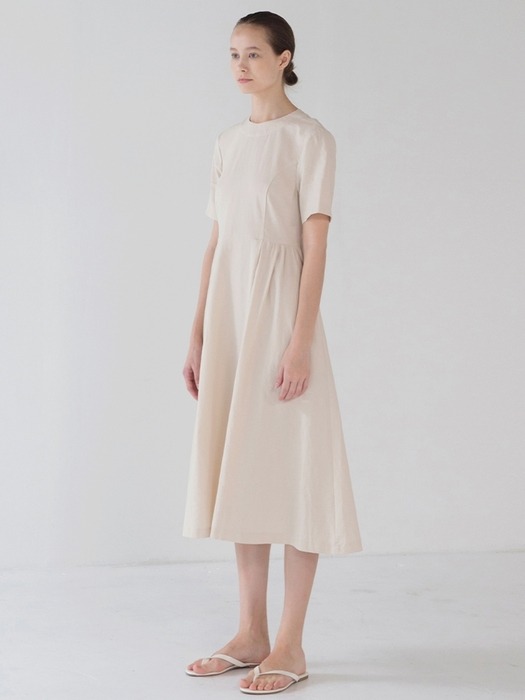 Waist Shirring Dress - Beige