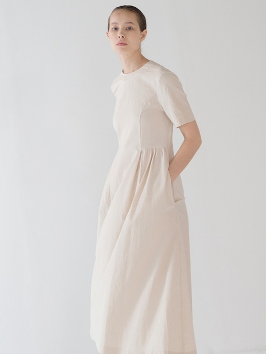 Waist Shirring Dress - Beige