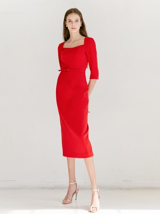 [미전시]ODETTE Square neck Three-qurater sleeve H-line midi dress (Red)