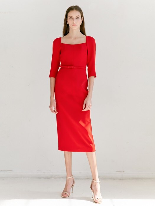[미전시]ODETTE Square neck Three-qurater sleeve H-line midi dress (Red)