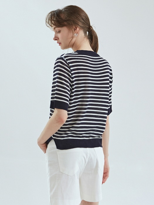 STRIPE ROUND KNIT TOP_CREAM