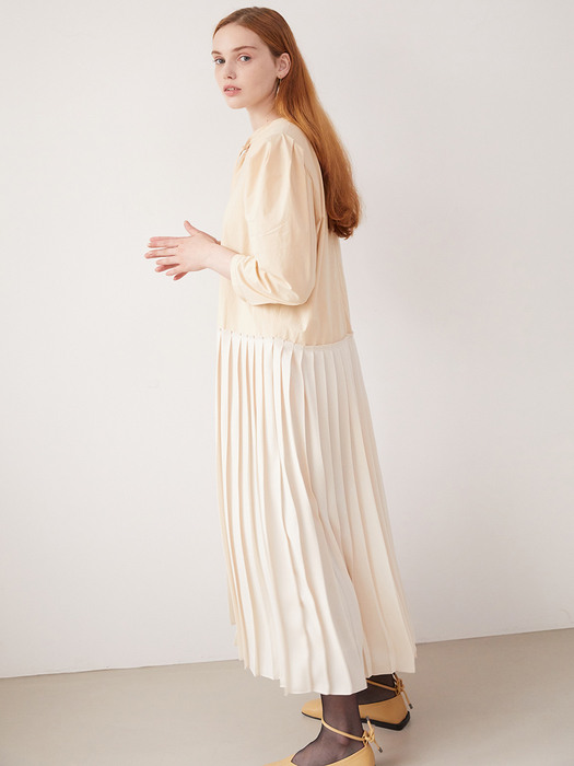 Volume sleeve pleats dress - Nude beige